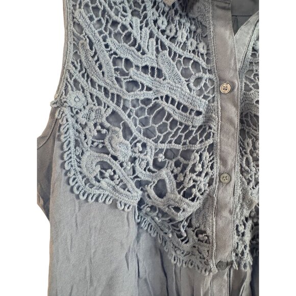 NY Collection Womens Medium Cotton Sleeveless Button-Up Lace Panel Shirt Blue Co - Picture 6 of 6